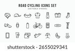 Road cycling linear icons set. Essentials road cyclist starter kit symbol logo icon vector illustration. Editable stroke