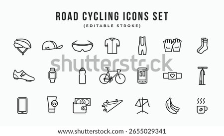 Road cycling linear icons set. Essentials road cyclist starter kit symbol logo icon vector illustration. Editable stroke