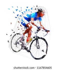 Road cycling, polygonal cyclist on bike. Low poly vector illustration. Side view