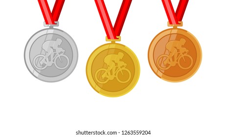 Road Cycling Race Champion Complete Shinny Medals Set Gold Siver And Bronze In Flat Style