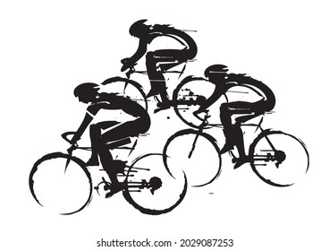 Road cycling racers. Expressive stylized black drawing of road cyclists, imitating drawing ink and brush. Vector available.
