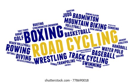 Road cycling. Word cloud, blue text, grey gradient background. Summer sports.