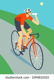 Road cyclist  in motion drinking water in hot weather. Colorful editable vector illustration for your design.