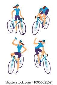 Road cyclist woman set. Isolated editable vector illustration for your design.