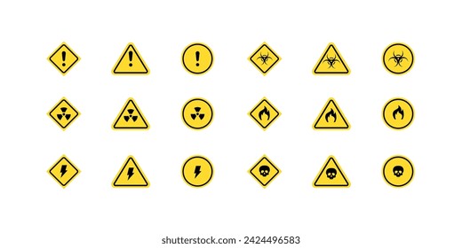Road danger signs. Radiation, fire, skull, biopollution danger signs collection. Flat style. Vector icons