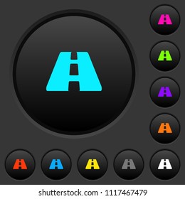 Road dark push buttons with vivid color icons on dark grey background
