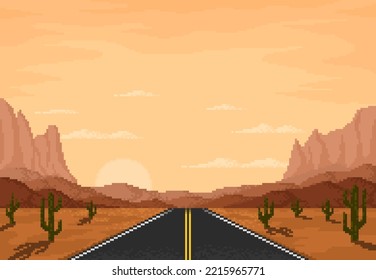 Carretera en el desierto paisaje de juego de 8 bits píxeles. Papel tapiz de pantalla de la pantalla del desierto del juego del píxel Indie, juego retro Arizona del fondo del vector del viaje, paisaje de la autopista de la arcada de 8 bits con cañón, cactus y puesta del sol