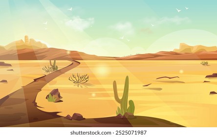 Road in desert background. Sand with cactus. Terrain and sunset in desert area. Beautiful natural panorama and landscape. Mountains in Arizona. Travel and tourism. Flat vector illustration