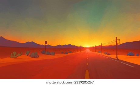 Un camino en el desierto con cactus al amanecer o mano oscura dibujando ilustración de pintura