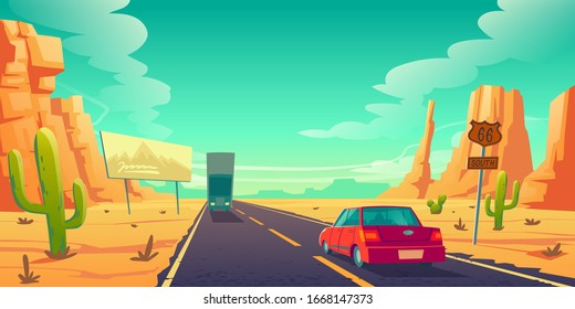 Road In Desert With Cars Riding Long Asphalt Highway With 66 Route Sign, Ad Billboard, Rocks And Cacti. Roadway Landscape With Skyline, Rocky Barren Wasteland. Travel Trip Cartoon Vector Illustration