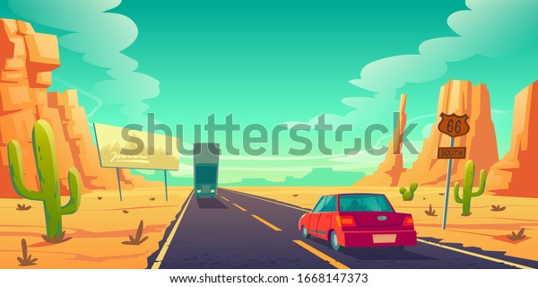 Road in desert with cars riding long asphalt\
highway with 66 route sign, ad billboard, rocks and cacti. Roadway\
landscape with skyline, rocky barren wasteland. Travel trip cartoon\
vector illustration