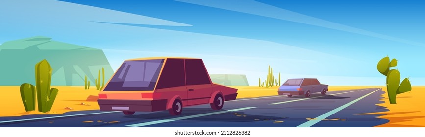 Road in desert with cars riding on asphalt highway with cacti along the route, rocks and golden sand. Roadway landscape with skyline, rocky barren wasteland, Travel trip cartoon vector illustration