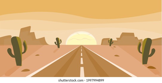 Road in desert. Desert landscape with cactus, rocky mountains and sunset. Illustration in warm colors. Travel concept illustration.