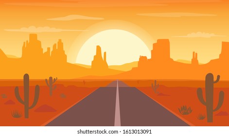 Road to desert landscape at sunset with cactus and hills silhouettes background - Vector illustration