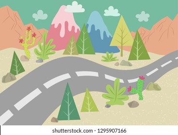 Road in desert landscape vector illustration. Pastel landscape vector. 