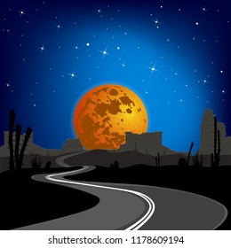 The road in the desert at night. Vector landscape.