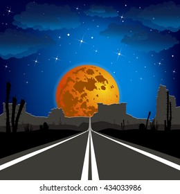 The road in the desert at night. Vector landscape.