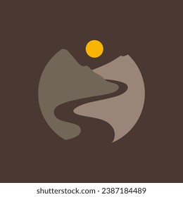 road with desert peak sunset circle minimal simple clean colorful logo design vector icon illustration