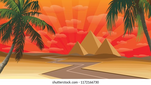 road in the desert and pyramid