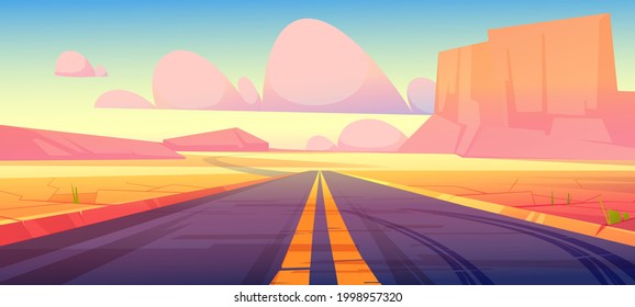 Road in desert scenery landscape with rocks and cracked dry ground. Straight empty highway in Arizona Grand Canyon, asphalted way disappear into the distance. Deserted land Cartoon vector illustration