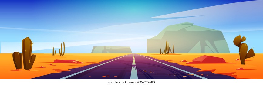 Road in desert scenery landscape with rocks and dry ground. Straight empty highway in Arizona Grand Canyon, asphalted way disappear into the distance with sun. Cartoon vector illustration