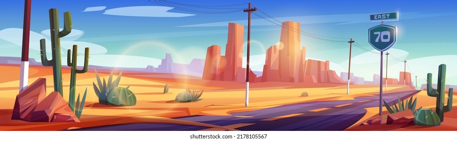 Carretera en un paisaje desértico con rocas, cactus y suelo de arena seca. Carretera vacía directa en el Gran Cañón de Arizona, vía asfaltada con señal de velocidad cables de alta tensión Ilustración vectorial de dibujos animados