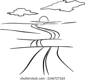 road, desert, sun, oblala, hand draw. Black vector illustration art