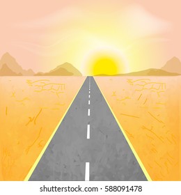 Road in the desert, vector illustration. Sunset with mountains in desert.