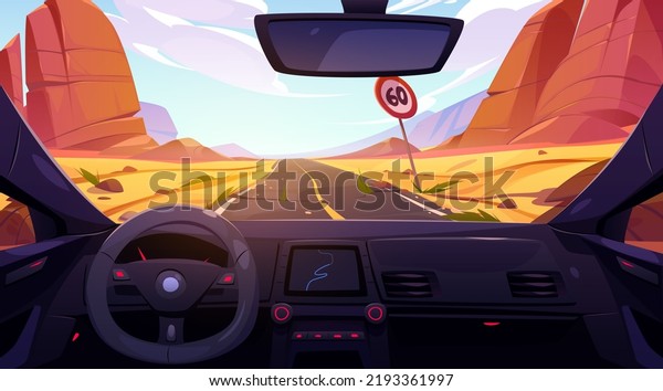Road in desert view from car interior\
through windshield. Scenery landscape with rocks and sand, Straight\
highway with speed sign limitation, asphalted way perspective,\
Cartoon vector\
illustration