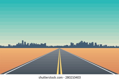 Road in the Desert with Views of the City Skyline - Stylized Conceptual Illustration