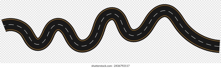 Road design element. Asphalt road with turns. Winding road isolated on white background. Vector illustration.