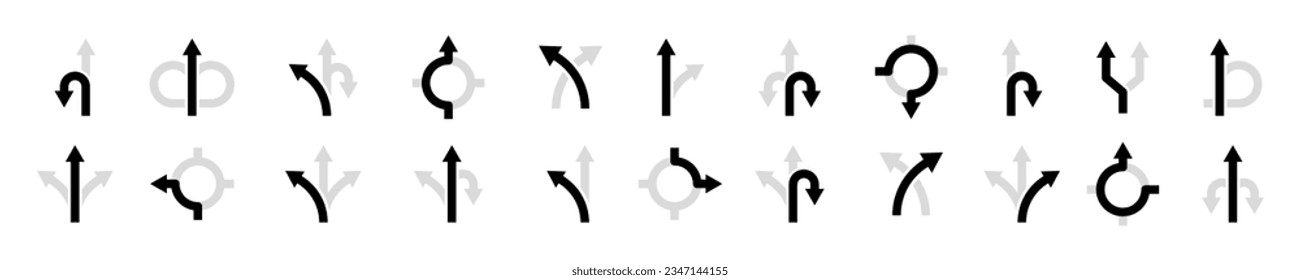 Road direction arrow icons. Roadsigns collection. Road navigation arrows. Way direction arrows. EPS 10