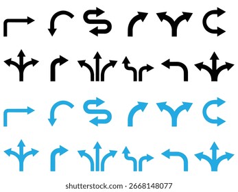 Flechas de dirección de la carretera. Icono de dirección de la carretera. Flechas de navegación por carretera. Conjunto de flechas de tráfico. Conjunto de iconos de flecha de dirección de carretera. Conjunto de iconos de flecha de giro en U