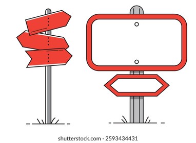 Road Direction Board Red, A set of road pointers mounted on sturdy poles, helping travelers find their way with clear directional guidance. These signs come in diverse shapes and designs, ensuring.