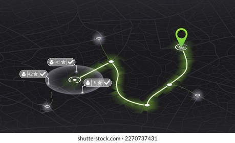 Road direction in digital gps navigation map. Location tracks dashboard. City street road. Path turns and destination tag or mark. Huge city top view.