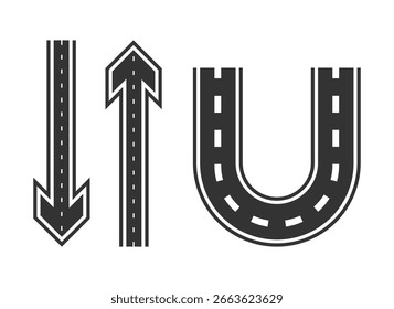 Conjunto de flechas con textura de asfalto y Vector de giro en U. Diseños de navegación y tráfico sobre un fondo blanco limpio.