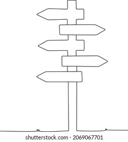 Road direction sign arrows isolated on white background. Continuous one line drawing. Vector illustration for banner, web, design element, template, postcard.