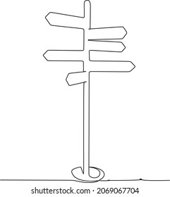 Las flechas de señalización de la dirección de la carretera están aisladas en el fondo blanco. Dibujo continuo de una línea. Ilustración vectorial para banner, web, elemento de diseño, plantilla, postal.