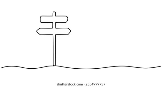 Road direction sign arrows isolated on white background. Continuous one line drawing. Vector illustration for banner, web, design element, template, postcard,  Road direction continuous one line. 