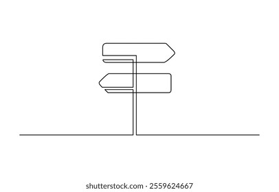 Road direction sign arrows isolated on white background. One Continuous line drawing of Road direction signpost arrows to the right and left and plate, Road direction sign arrows isolated.