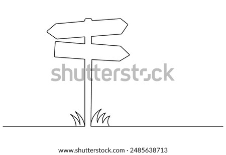 Road direction sign arrows isolated on white background. Continuous one line drawing. Fingerpost in continuous line art drawing style. Signpost pointing in the direction of travel to places