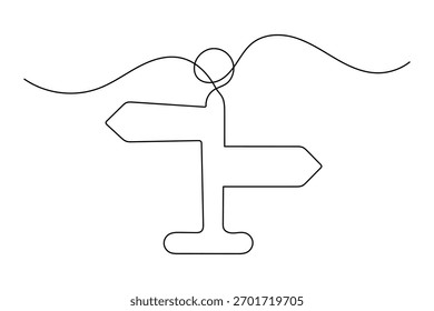 Road direction sign continuous one line drawing minimalist style outline vector illustration design