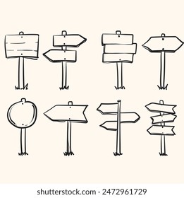 Fahrtrichtungsschild. In: Doodle sketch style. Straßenschild mit handgezeichneter Holzplanke mit Illustrationsstil-Kritzel und Linienkunst