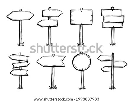 Road direction sign. Doodle sketch style. Street sign with hand drawn wood plank. Grunge vector illustration.
