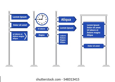 Road Direction Sign Set Vector Illustration. Different Types Of Roadsigns And Signposts, Arrows And Boards Isolated On White Background