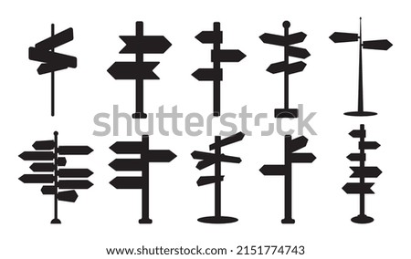 Road direction sign. Street pointer icon, crossroad signpost symbol, guide arrow silhouette islated