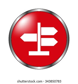 Road direction sign - vector icon on the  red button