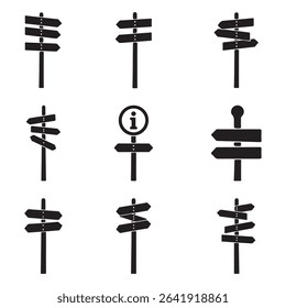 Road direction symbol pack featuring various signage silhouettes in black and white