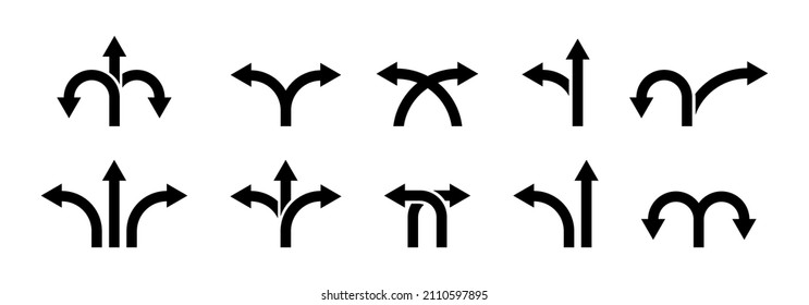 Road direction vector icon collection. Way direction arrow sign set. Two way and three-way direction arrow sign.  Road signs icon collection. Vector graphic EPS 10