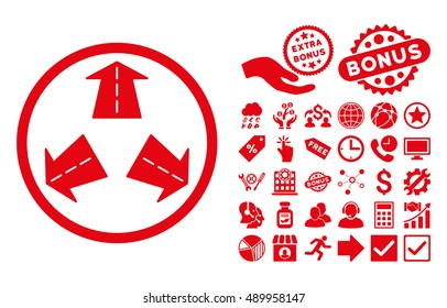 Road Directions icon with bonus clip art. Vector illustration style is flat iconic symbols, red color, white background.